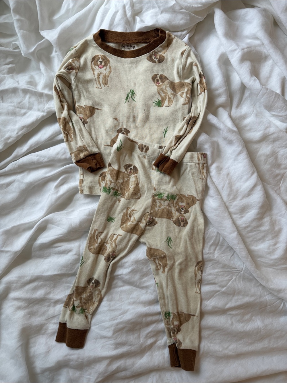 Burt's Bees Baby Cream Dog Print Pajama Set with Brown Trim Organic Cotton